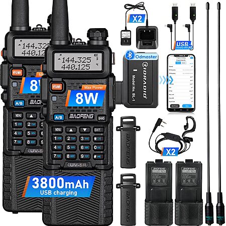 2-Pack Baofeng UV-5R 3800mAh Long Range 2-Way Dual Band USB Ham Handheld Radios