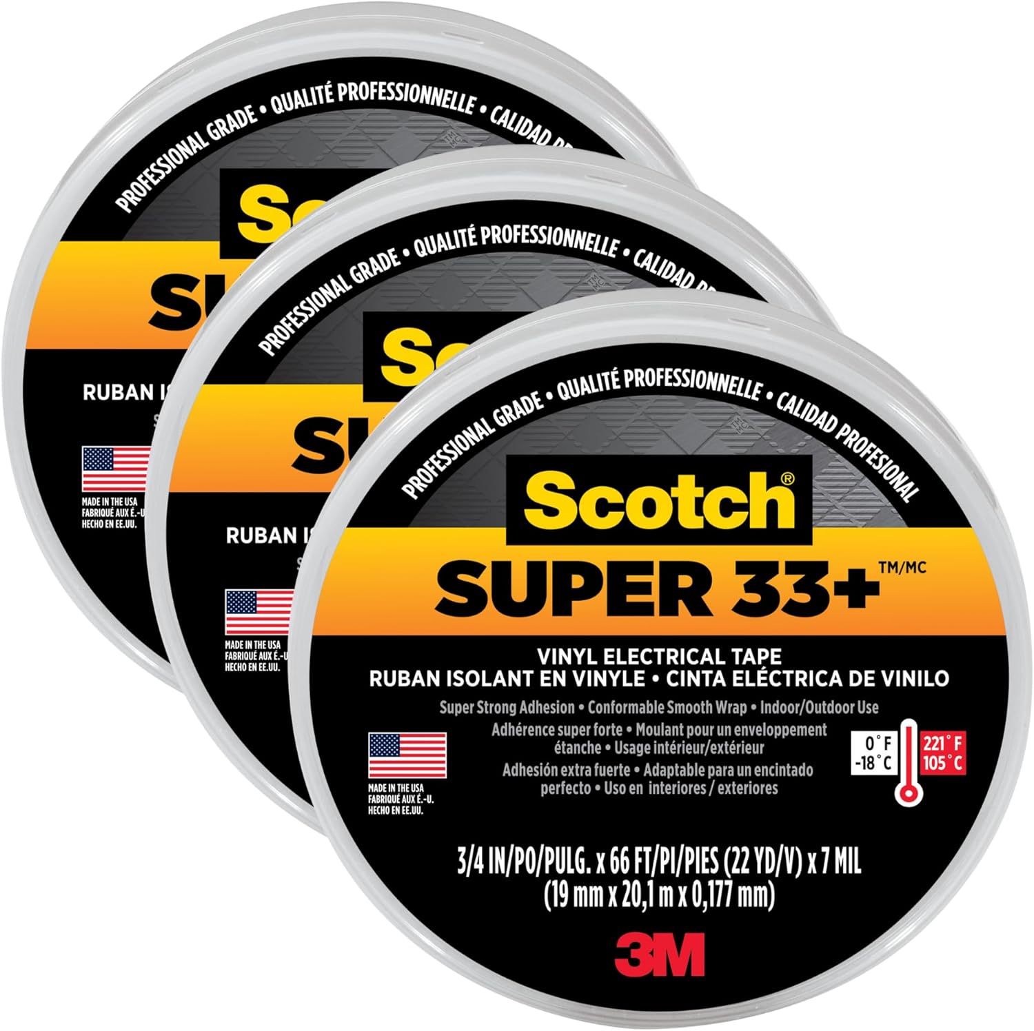 3M Scotch Super 33+ Vinyl Electrical Tape, 3-Pack (¾" × 66ft each)