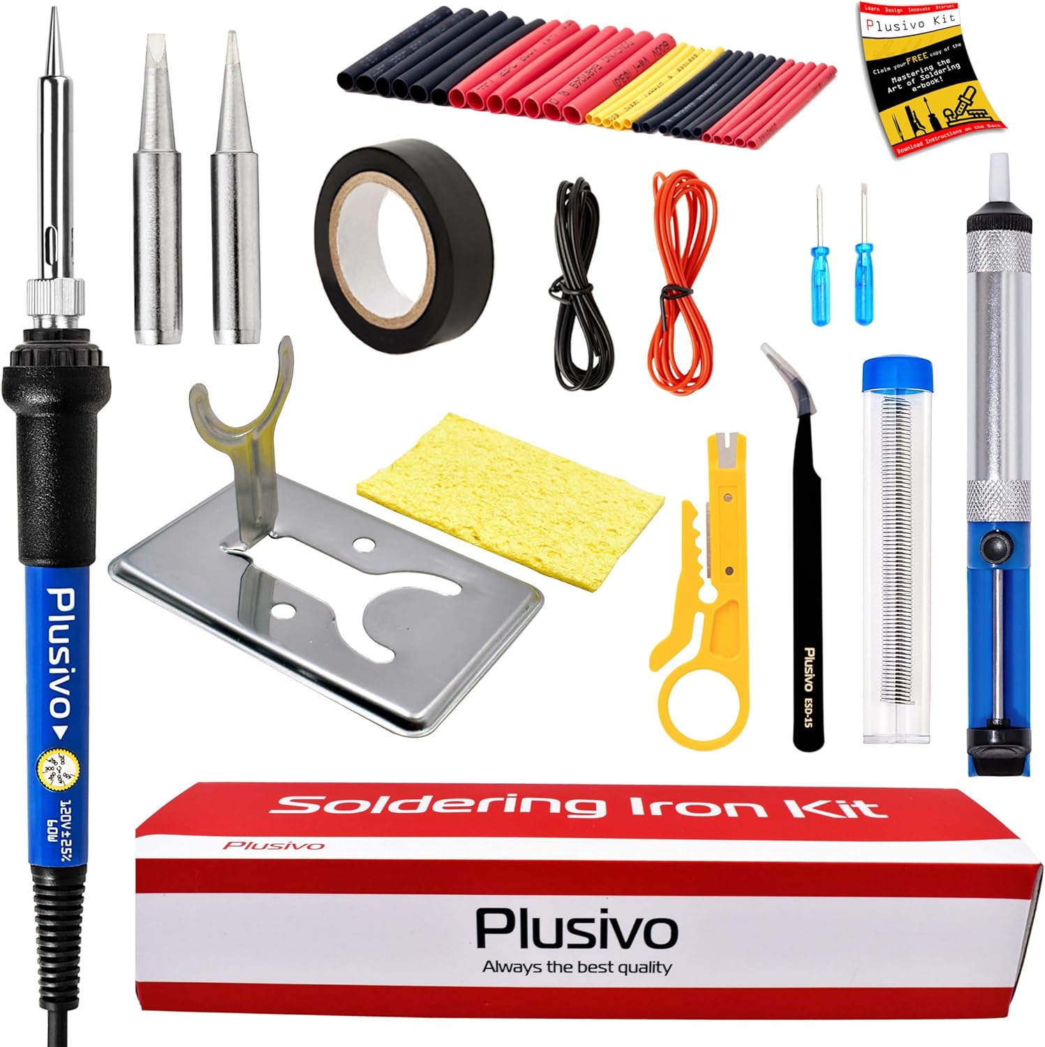 Plusivo 60W Soldering Iron Kit, 15-in-1 — Adjustable Temp, Stand, Solder, Tips